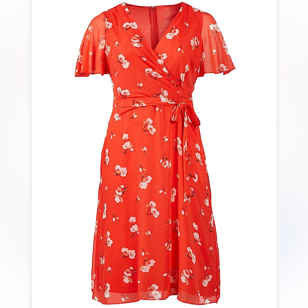 Lauren Ralph Lauren Floral Crinkled Georgette midi Dress Orange/Cream/Tan size 6